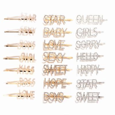 China Best Selling Women Bling Crystal English Letter Hair Pins Hair Decoration Wholesale Insist Fashion Hair Clip Word Rhinestone Alloy Hair Pins for sale