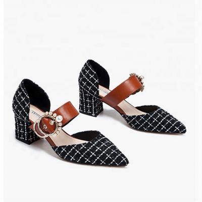 China Ladies/Women's Medium Closed Toe Round Pearls Buckle Block Heel Cloth Women Sandals for sale