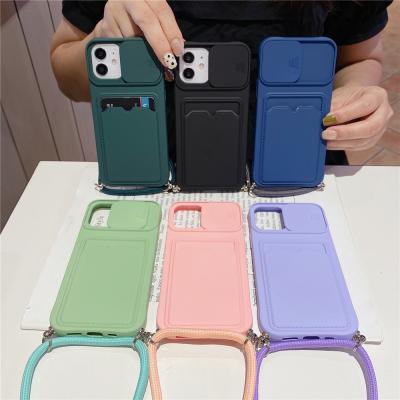 China Soft TPU Collar Lanyard Card Slot Slide Lens Protective Silicone Phone Case For iPhone 12 11 pro X Max XR XS Max Mini 7 8 plus SE2 for sale