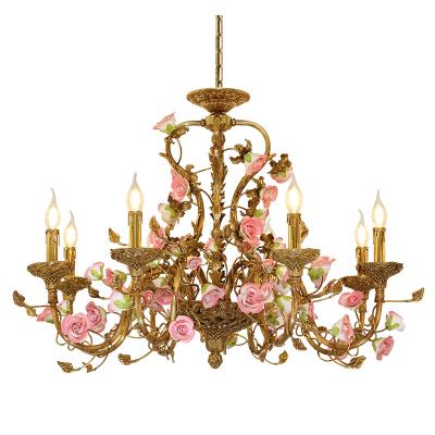 China Jewelerytop Modern Luxury Gold European Flower Lights Hanging Brass Pendant Lamp for Wedding Chandelier Ceramic Flowers for sale