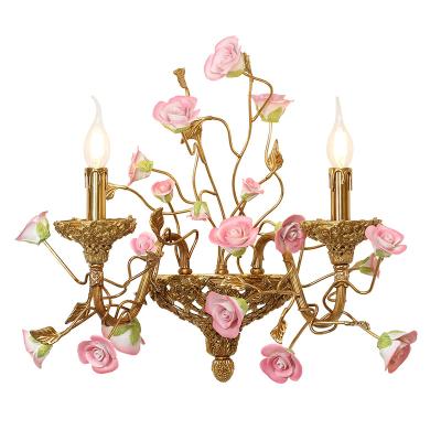 China European Jewellerytop Brass Wall Sconce Wedding Rococo Ceramic Floral Lights Plant Decoration Flower Wall Sconces for sale