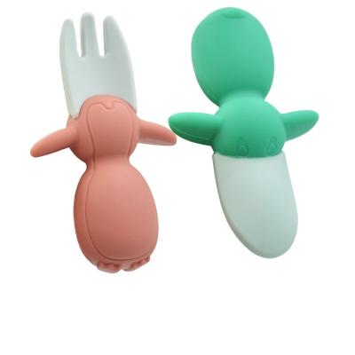 China BPA Free Color Box Packed Soft Silicone Baby Feeding Spoon And Fork Set For Kids Customized Training Spoon And Fork for sale