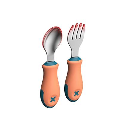 China BPA Free Toddler Utensils Cutlery Set Silicone Handle Sleeve Stainless Steel Silicone Handle Kids Spoon and Fork Wholesale Set for sale