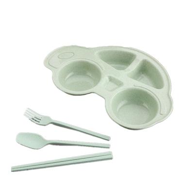 China Natural Shape Baby Car Children's Dish Wheat Straw Feeding Tableware Set 4pcs Kids Cutlery Set for sale