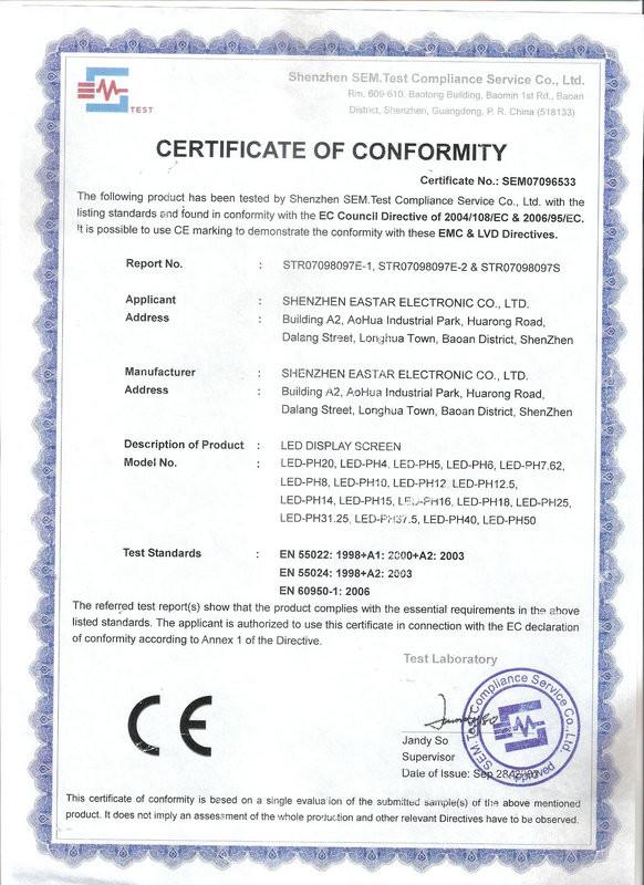 Certification Of Conformity - Shenzhen Eastar Electronic Co., Ltd.