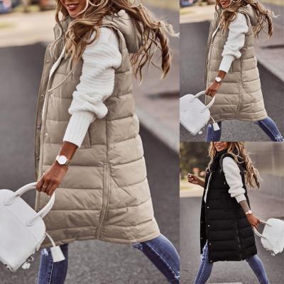 China 2023 Winter Jacket Women Midi Waterproof Sleeveless Coats Down Vest Keep Warm Stylish Black Hooded Lady Cotton Overcoat Street Hippie for sale