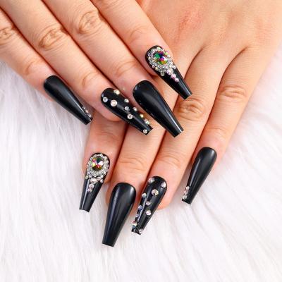 China Not easy to break; Good Flexibility Customized Black Press On Nails With Rhinestones Full Cover Soft Gel Luxury Fake Nail Charms Artificial Nails For Woman for sale