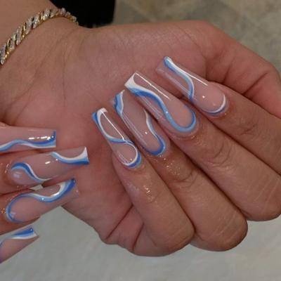 China Not easy to break; Good Flexibility Create Your Own Logo Abstract French Long Coffin Nails Press On Soft Nail Tip Full Cover Gel Artificial Nails for sale