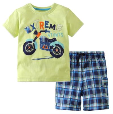 China 2021 baby boy casual screen printing embroidred T-shirts and check striped shorts two-piece clothes sets kids summer clothing set for sale