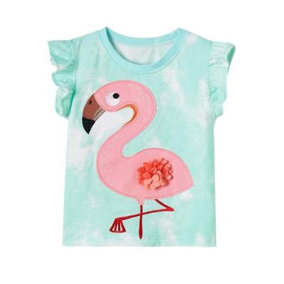 China Compressed Tie Dye Cotton Knit Fabric Ruffle Flamingo 3D Flower Patchwork Sleeveless Animal Red Baby Kids Toddler Girl Summer T-shirt for sale