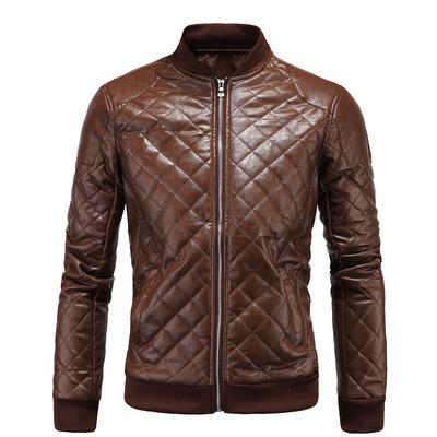 China Waterproof 2021 Autumn Motorcycle Fashion Waterproof Collar Plaid Solid Color Stand With Pockets Leather Jacket For Men for sale