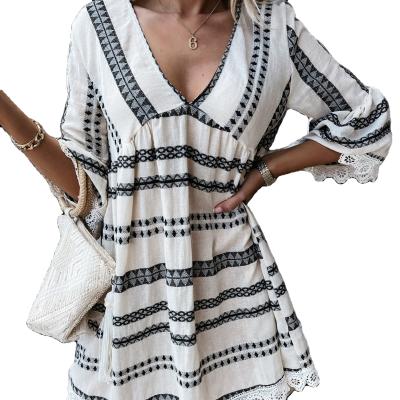 China Fashion Anti-Static Short Dresses Customized Women Striped V-Neck Mid-Sleeves Lace Up Vintage Cotton Canvas Printed Dress for sale