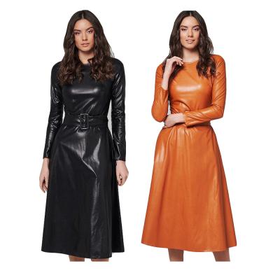 China Shang You Women Leather Dress Anti-Wrinkle Neck Faux Round PU Belt Long Sleeve Dress Women Custom Made For Ladies for sale