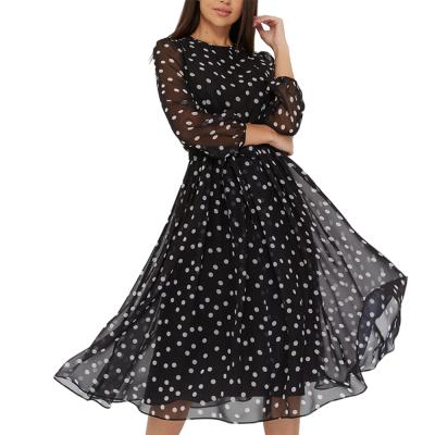 China Shang You Customized Long Sleeve Anti-Static Round Neck Flow Ladies Print Polka Dot Dresses Woman Maxi Chiffon Casual Dress for sale