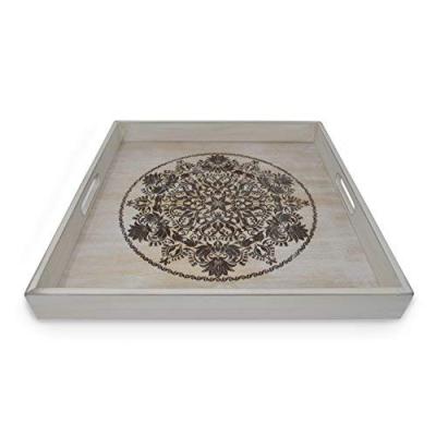 China Eco-Friendly Distressed Serving Tray Ottoman Breakfast Tray Look Decorative Wood With Engraved Art for sale