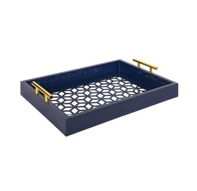 China Viable Modern Wooden Storage Serving Tray With Polished Metal Handles For Ottoman for sale