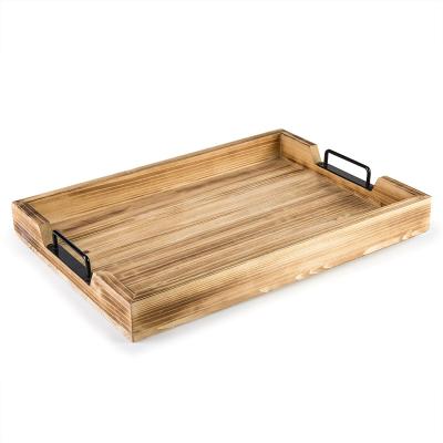 China Eco-Friendly Rustic Ottoman Tray Light Torched Wooden Serving Trays With Strong Black Metal Handles for sale