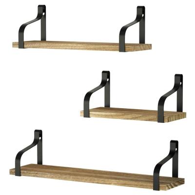 China (Height)Adjustable Floating Shelves Wall Mounted Set Of 3 Rustic Solid Wood Wall Hanging Storage Shelves For Study Or Office for sale