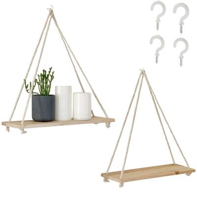 China Sustainable New Product Rustic Wooden Floating Shelves Arming Rope Shelf With Twine For Home Decoration for sale