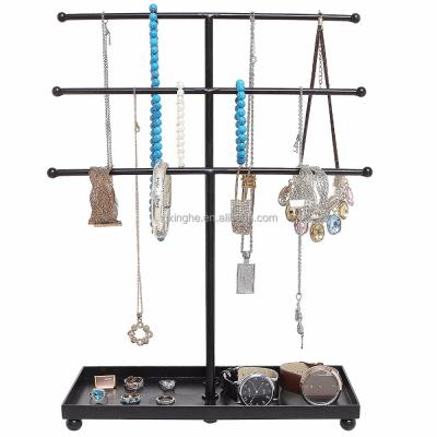 China Recyclable Black Metal 3 Row Bracelet and Necklace Jewelry Display Tree Rack Table Organizer for sale