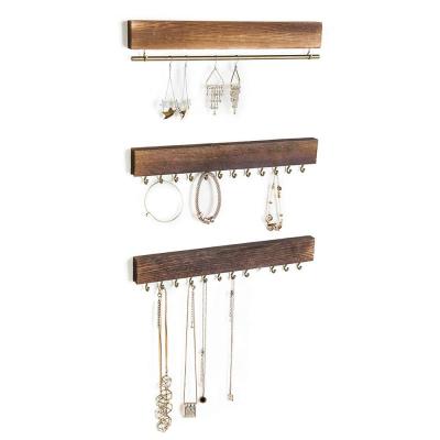 China Vintage Recyclable Wood Wall Mounted Jewelry Organizer with Necklace Hooks Bracelet Bar Earring Panel for sale