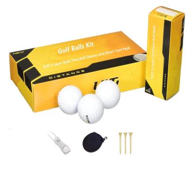 China Core+urethane 3-layer soft rubber cover urethane golf balls package includes wooden ball remover tee and collapsible divot tool for sale