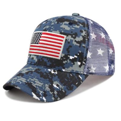 China American Flag Embroidery Camouflage Polyester Mesh Closure COMMON Baseball Cap Trucker Cap Plastic Snapback for sale