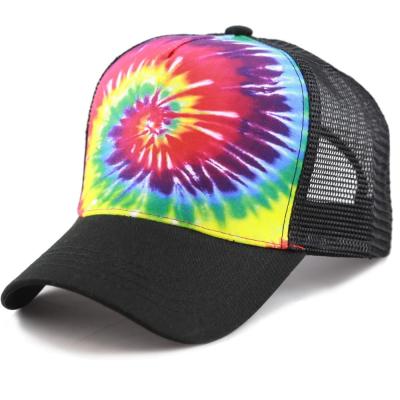 China JOINT Colored Tie Dye Printing Mesh Trucker Cap Hat Adjustable Snapback 5-Panel Baseball Cap for sale