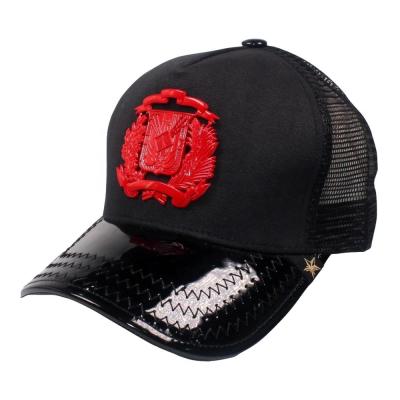 China PU Metal Badge Black COMMON Closure Mesh Trucker Cap Hat Adjustable Snapback Leather Baseball Cap for sale