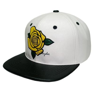 China Unisex Black White PU Leather Rose Embroidery Snapback Baseball Cap Adjustable Hat Men Women Character Hip Hop for sale