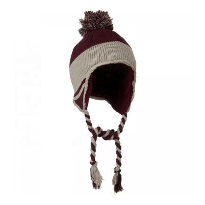 China COMMON Peruvian Style Knit Ear Flap Ski Beanie Maroon Gray Cotton Acrylic Pom-Pom Warm Winter Hat Wholesale for sale