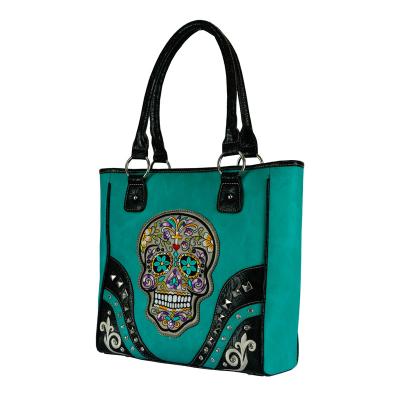 China Wholesale Fashion Embroidery Skull Tote Bag For Woman Tooled Western Style PU Leather for sale