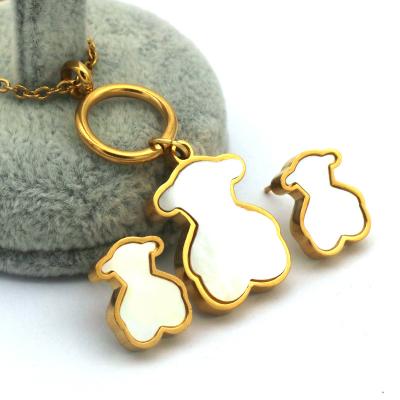 China Women Engagement Wedding Cute Bear Shell Jewelry Sets Gold Color Stainless Steel Necklace Earring Sets for sale