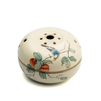 China High End Hand Painted Chinese Incense Flower And Bird Sandalwood Hand Carved Ceramic Censer Zen Incense Burner Buddhism for sale