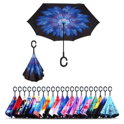 China All In 1 Promotion Flower Printing Logo C Hook Double Layer High Quality Custom Inverted Upside Down Umbrella for sale