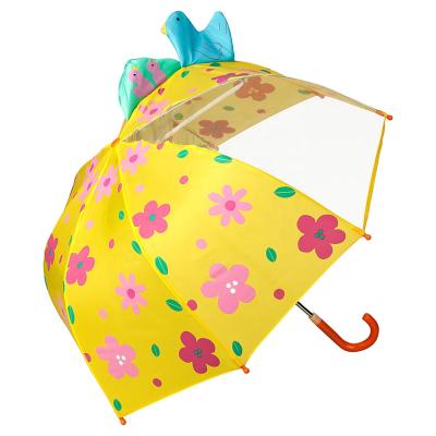 China Minimalist Cute Flower Printing Happy Upright Birds 3D Transparent Panel Kids Umbrellas For Child New Invention for sale