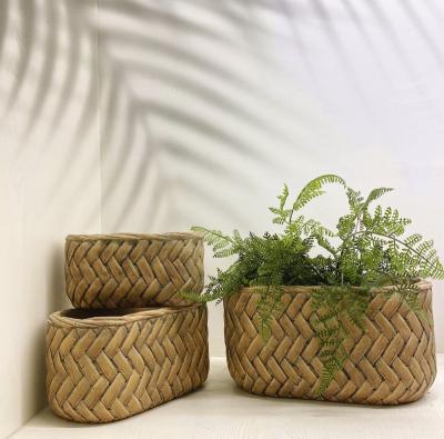 China Eco-Freindly Vintage Style Oval Shape Design Cement Bamboo Weave Flower Pots For Garden Decor for sale