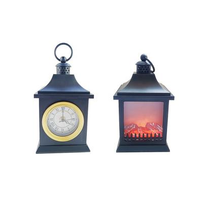 China Home Decoration Christmas Crafts Simulate Fire Effect Lamp Table Top Flame Light USB Fireplace LED Hanging Lantern with Clock for sale