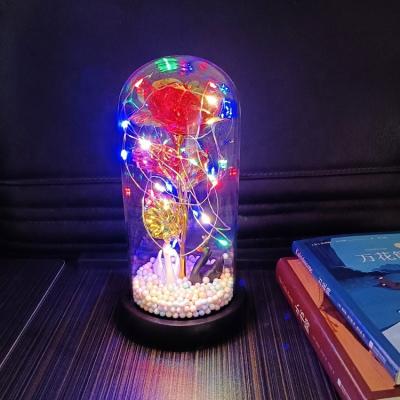 China In Glass Dome Light Valentines Day Gifts Colorful Artificial Rose Flower Goose In Glass Dome With LED Fairy String Lights Wedding Gift for sale