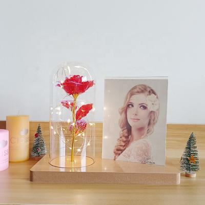 China New Rose Flower LED Shelf Picture Frame Bedroom Bedroom Light Modern Luxury Glass Wood Table Lamp Home Decor for sale