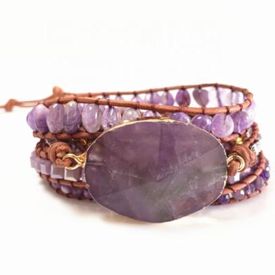 China Fashion Multilayer Leather Braided Beaded Bracelet Bangle Amethyst Bracelet Multilayer Leather Bracelet for sale