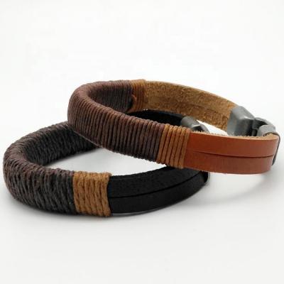 China Colorful Designs Steel Black Leather String Bracelet Steel Hand - Woven PU Leather Bracelet Wholesale for sale