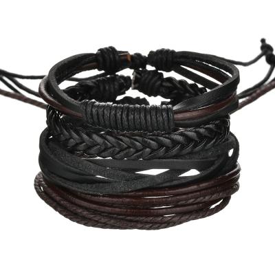 China Colorful Designs Steel Black Leather String Bracelet Steel Hand - Woven PU Leather Bracelet Wholesale for sale