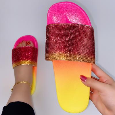 China Fashion Trend Women's Slippers Beach Tie Dye Diamonds Flat Slippers Ladies Slides With Colorful Rhinestone Sandals For Women Crystal Shoes for sale