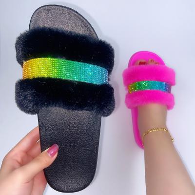 China Fashion Trend Women's Furry Bedroom Slippers Faux Fur Fuzzy Furry Slides Faux Fur Slippers Shoes Plush Sandals for Women and Ladies for sale