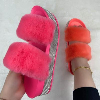 China Fuzzy Shoes Faux Fox Fur Fluffy Sandal Rhinestone Slippers Ladies Slipper Women Sandals Fashion Diamond Plush Sandals for sale