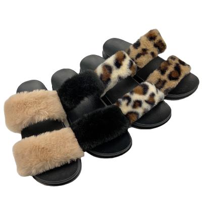 China NEW Fashion Trend Design Plush Fluffy Slippers For Women Leopard Shape Faux Fur Flat Slippers Slips Indoor Outdoor Ladies Sandals Shoes for sale