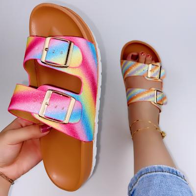 China NEW Fashion Trend Design Women's Slippers Beach Rainbow Sandals Outdoor Flat Slippers Slides Colorful Ladies Slipper Sandals For Woman Shoes for sale