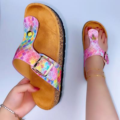 China Fashion Trend New Design Slippers For Women Shape Colorful Scales Cut Cork Sole Sandals Summer Sandals Slipper Ladies Shoes Slippers Slides for sale