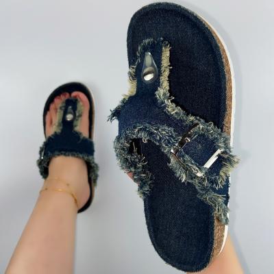 China SHOCK ABSORBING New Design Slippers for Women Slippers Summer Sandals Jean Denim Tassel Cork Sole Women Slippers Slippers Slides Color for sale